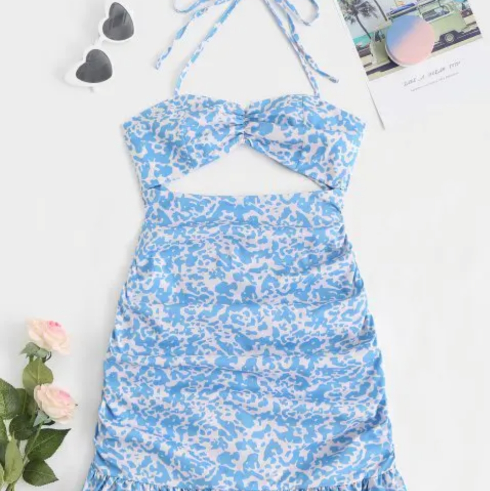 NWT Ruffles Abstract Print Cut Out Ruched Halter Dress - Light Blue (L)